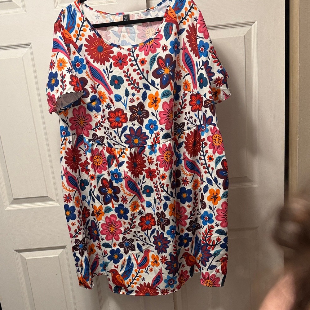 SHEIN White Tunic Top with Multicolor Floral Print